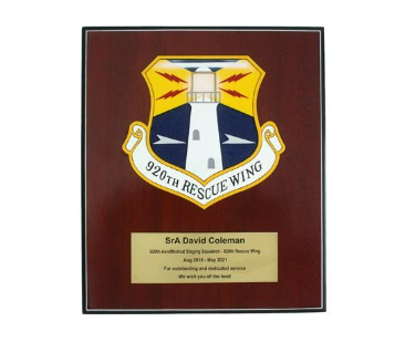 Military Presentation plaque with Dedication etched into Brass