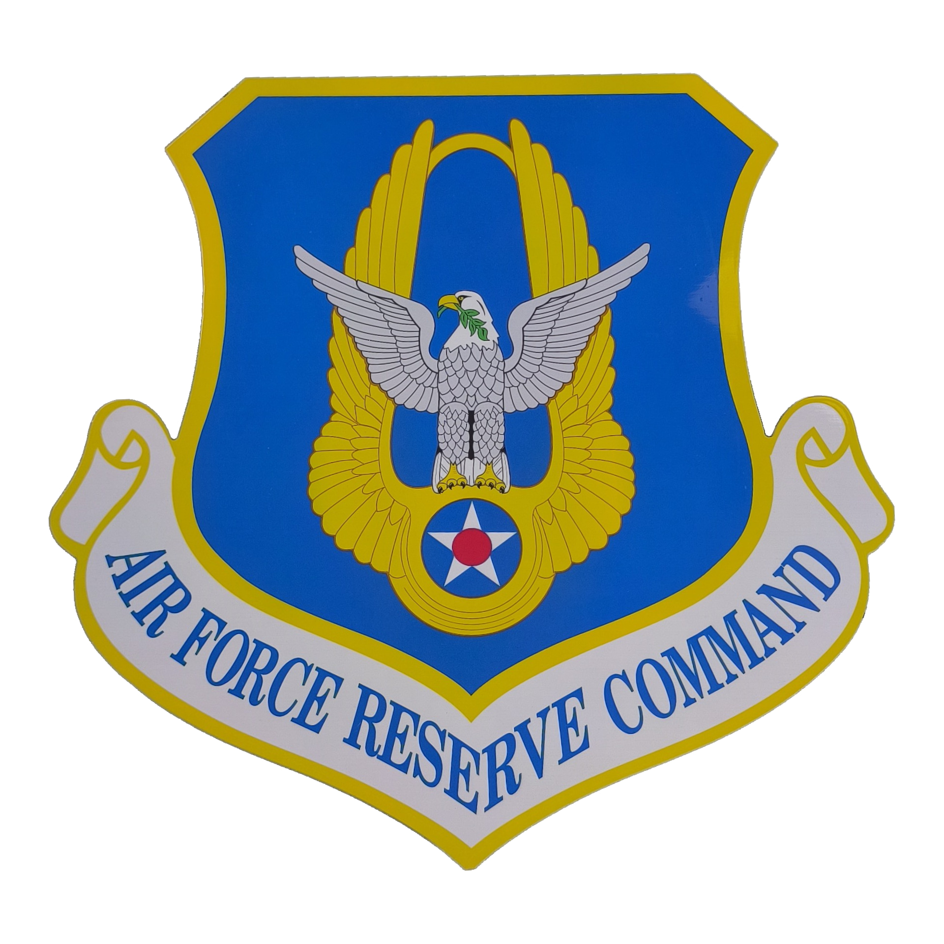 Air Force Reserve Command crest UV-printed on a custom-shaped HDU wall plaque with an eagle and white inscription scroll.