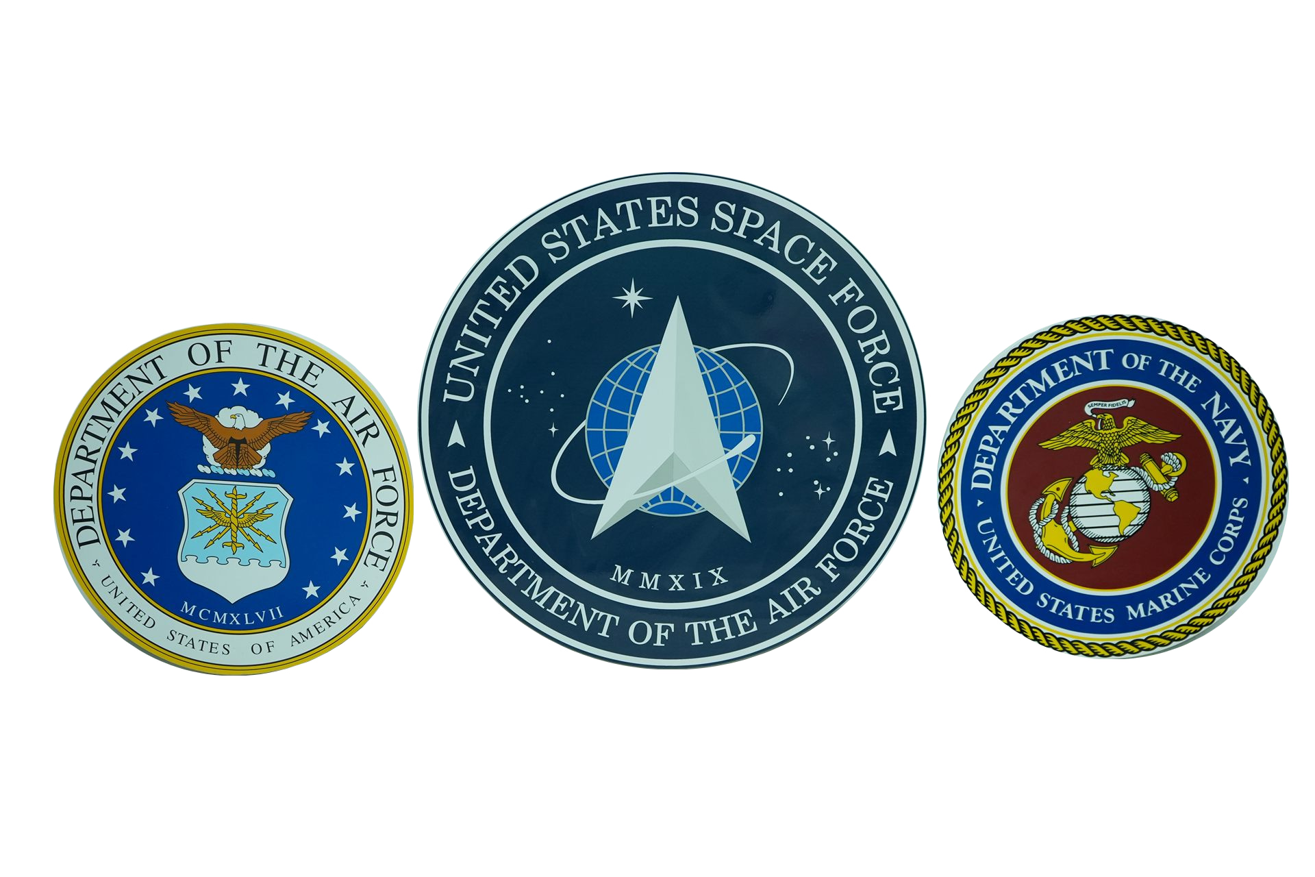 U.S. Air Force, Space Force and Marine Corps wall plaques with full-color artwork UV-printed directly onto prepared HDU.