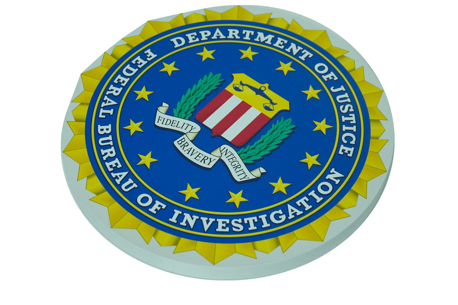 Angled view of an FBI seal wall plaque with detailed artwork UV-printed directly onto its prepared HDU face.