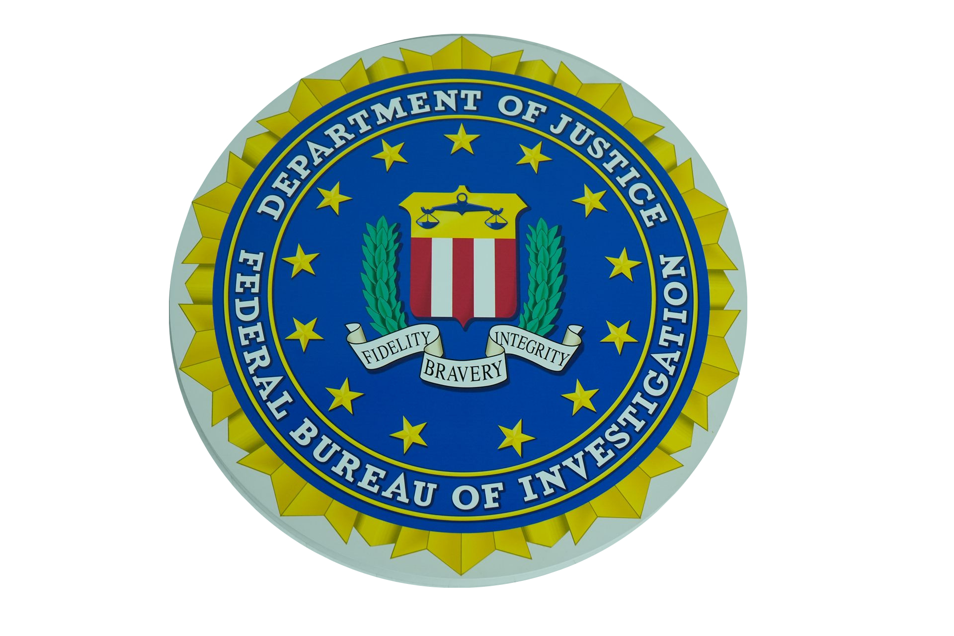 Front view of an FBI seal UV-printed on a high-density urethane wall plaque, with blue and gold artwork.