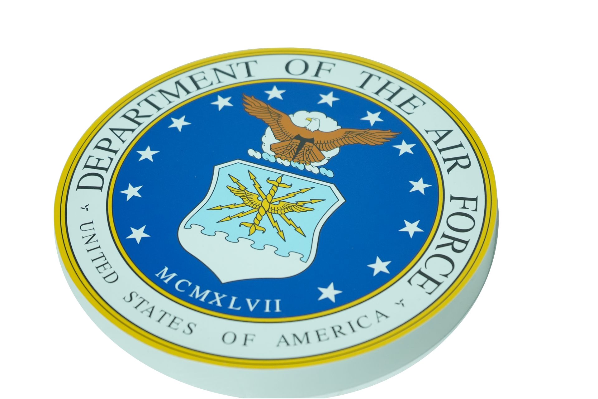 U.S. Air Force seal UV-printed on an HDU wall plaque, viewed at an angle to show the printed face and substrate edge.
