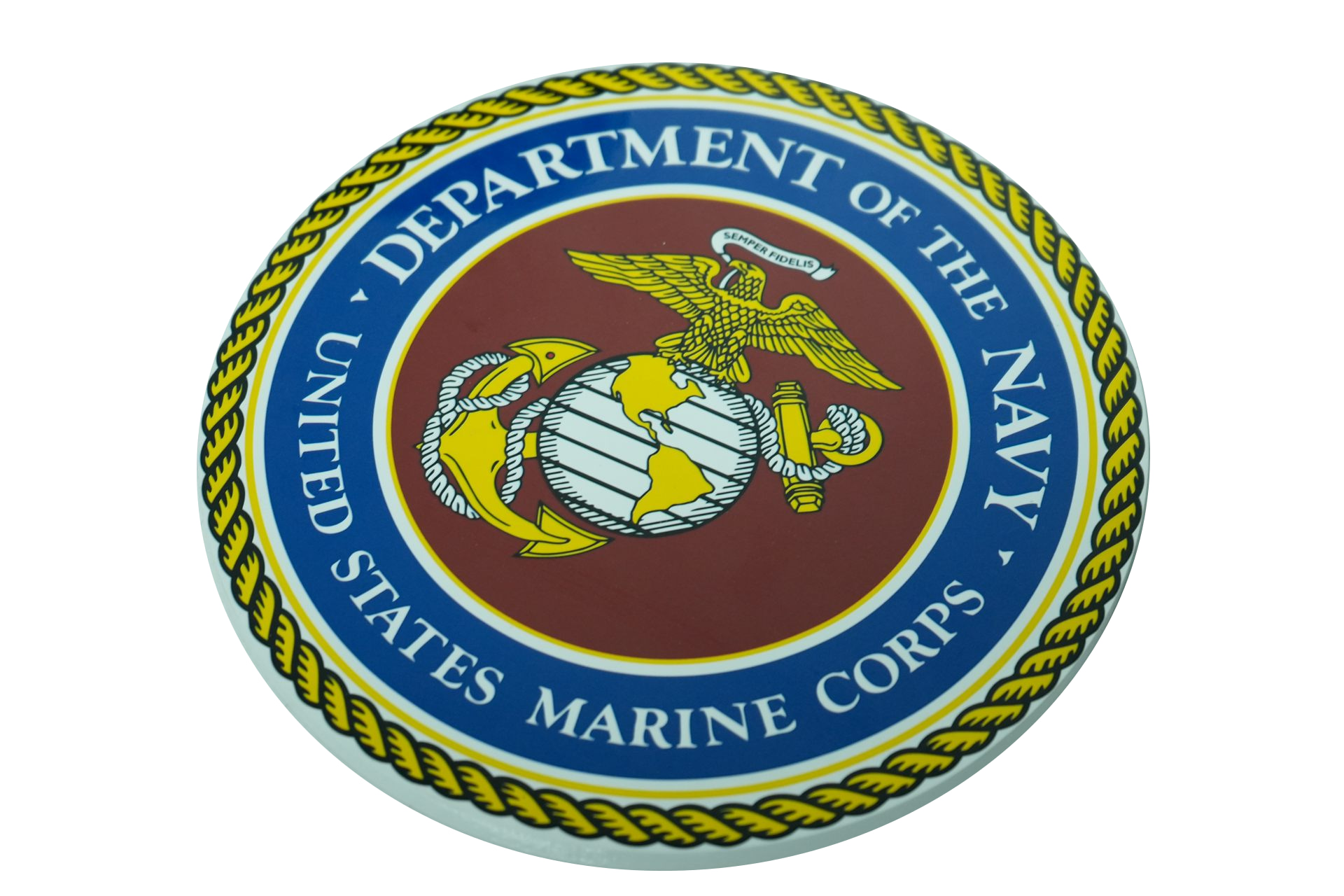 U.S. Marine Corps emblem UV-printed on a round HDU wall plaque, showing the rope border and substrate edge.