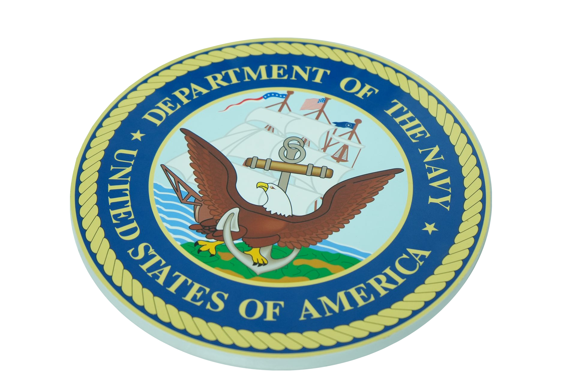 U.S. Navy seal UV-printed directly onto an HDU wall plaque, with an angled view showing its thick substrate edge.