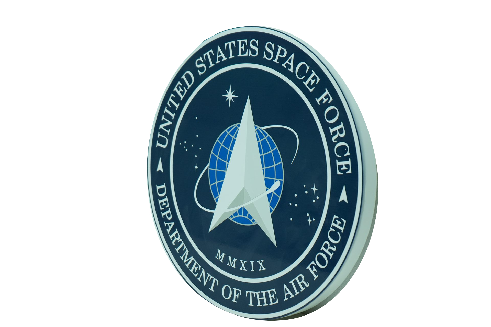 Angled view of a U.S. Space Force wall plaque showing UV-printed artwork and the edge of its 1-inch-thick HDU substrate.