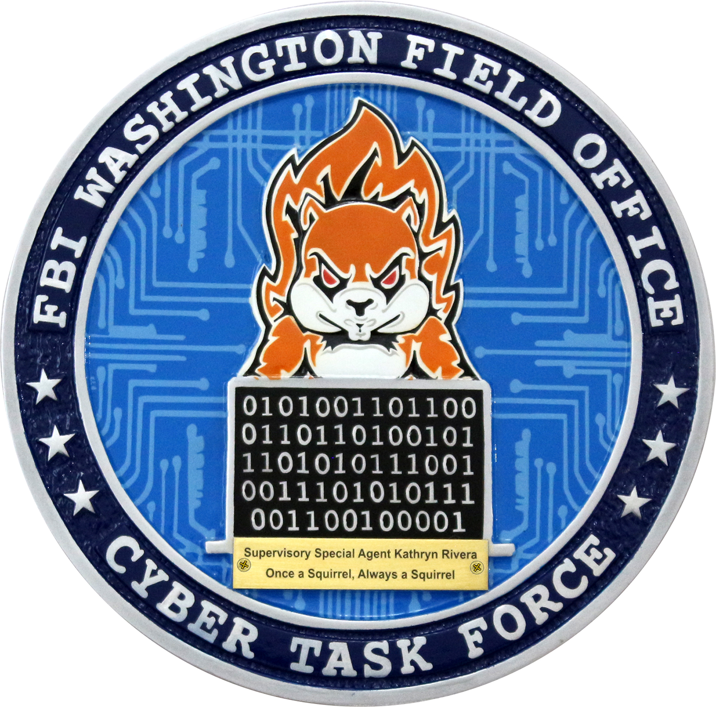 FBI Washington Field Office Cyber Task Force plaque with an orange squirrel, blue circuit pattern and binary-code panel.