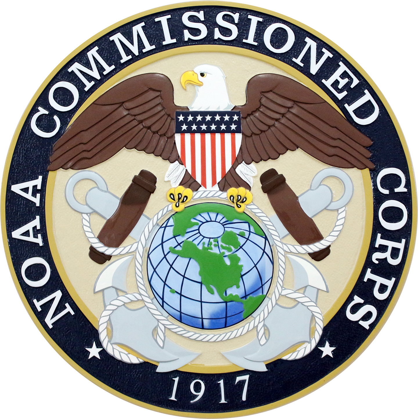 Fully painted NOAA Commissioned Corps seal plaque with an eagle, globe and anchor.