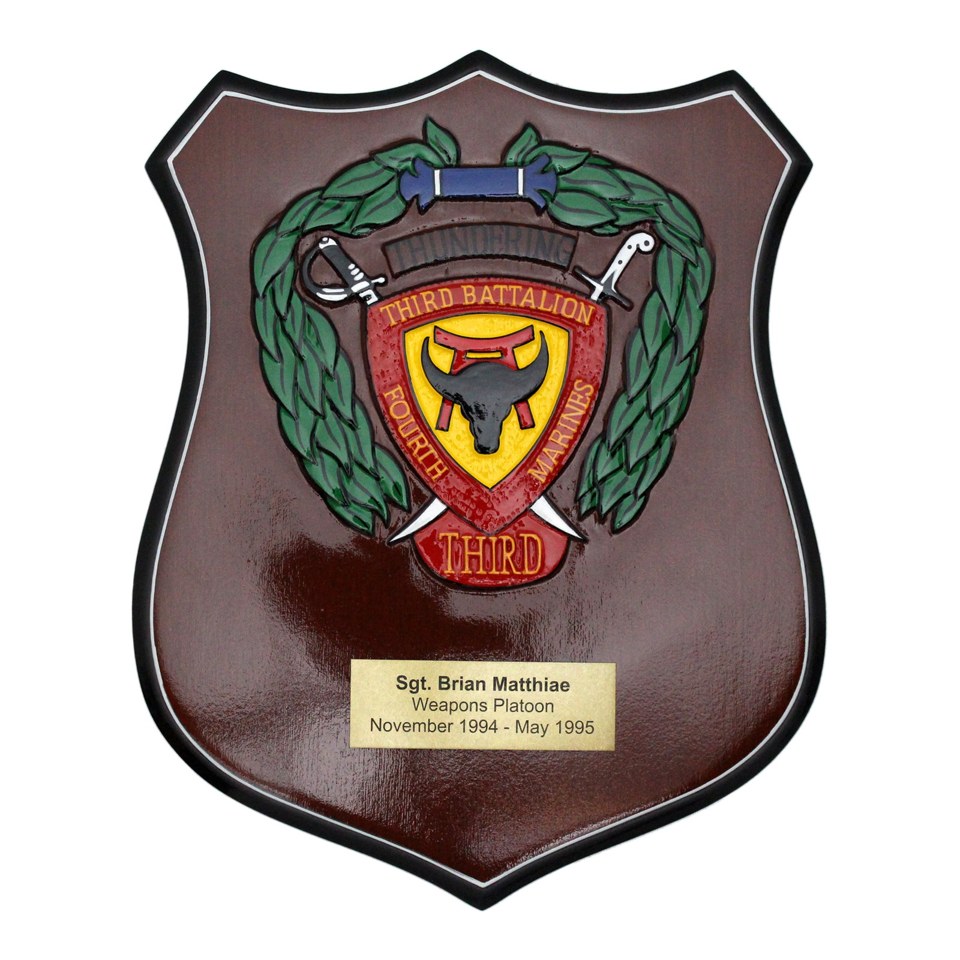 Dark wood shield plaque for 3rd Battalion, 4th Marines with a painted unit crest and gold dedication plate.