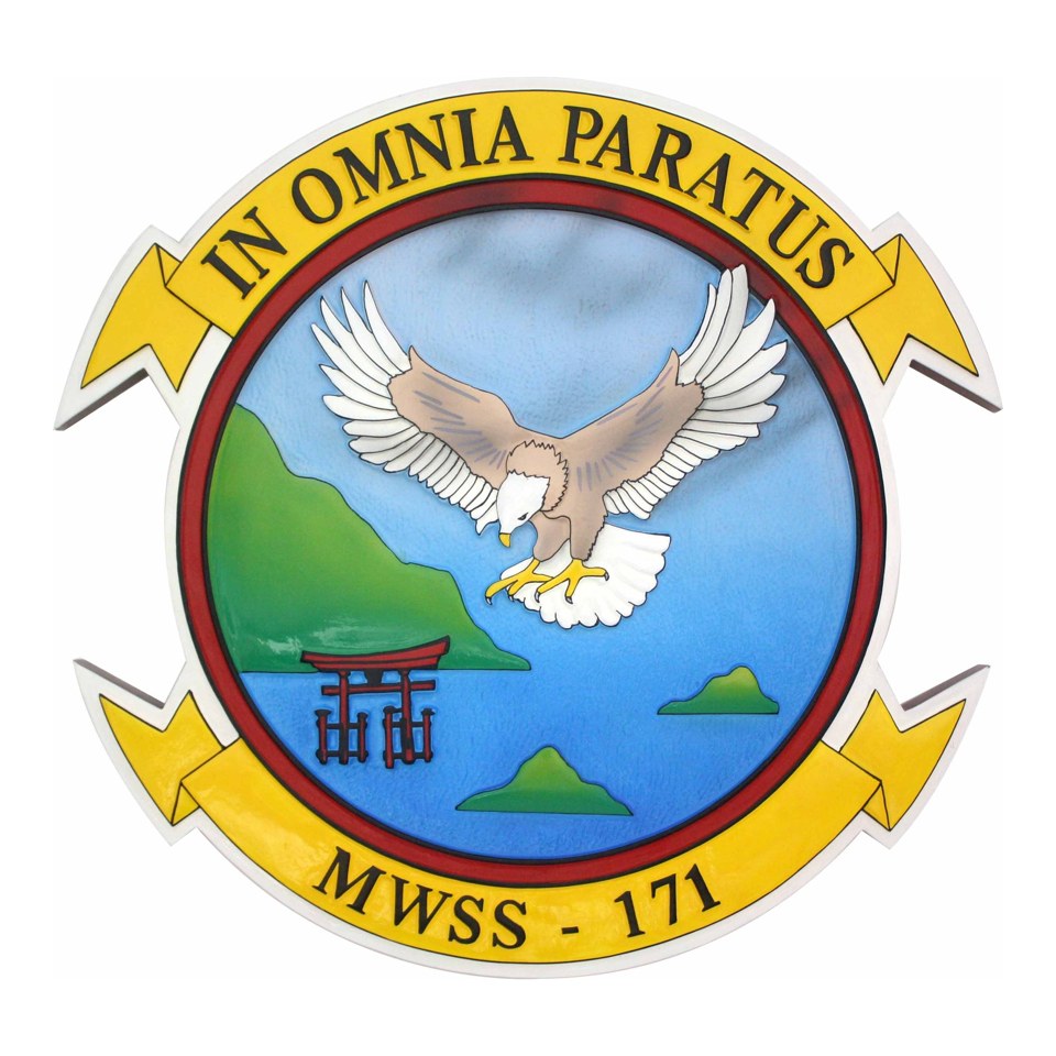 MWSS-171 crest plaque with a white eagle over green and blue scenery and an In Omnia Paratus scroll.