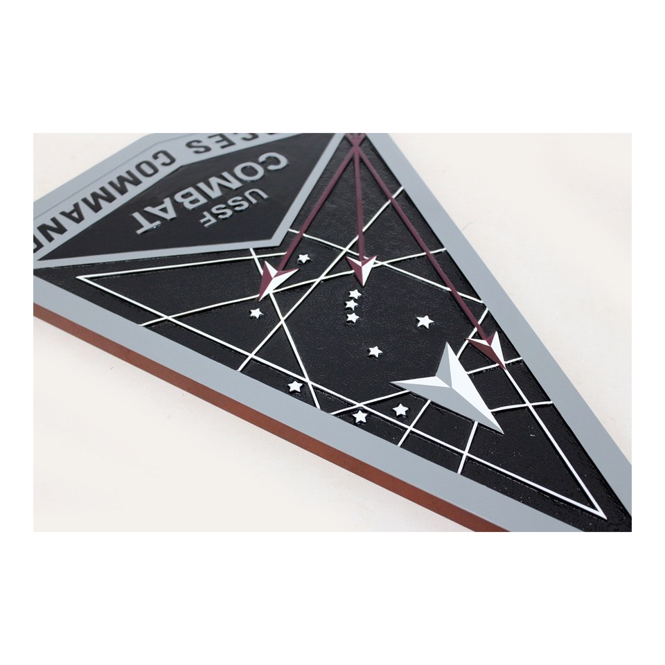 Angled view of a triangular Space Force Combat Forces Command plaque with white orbital lines on a black field.