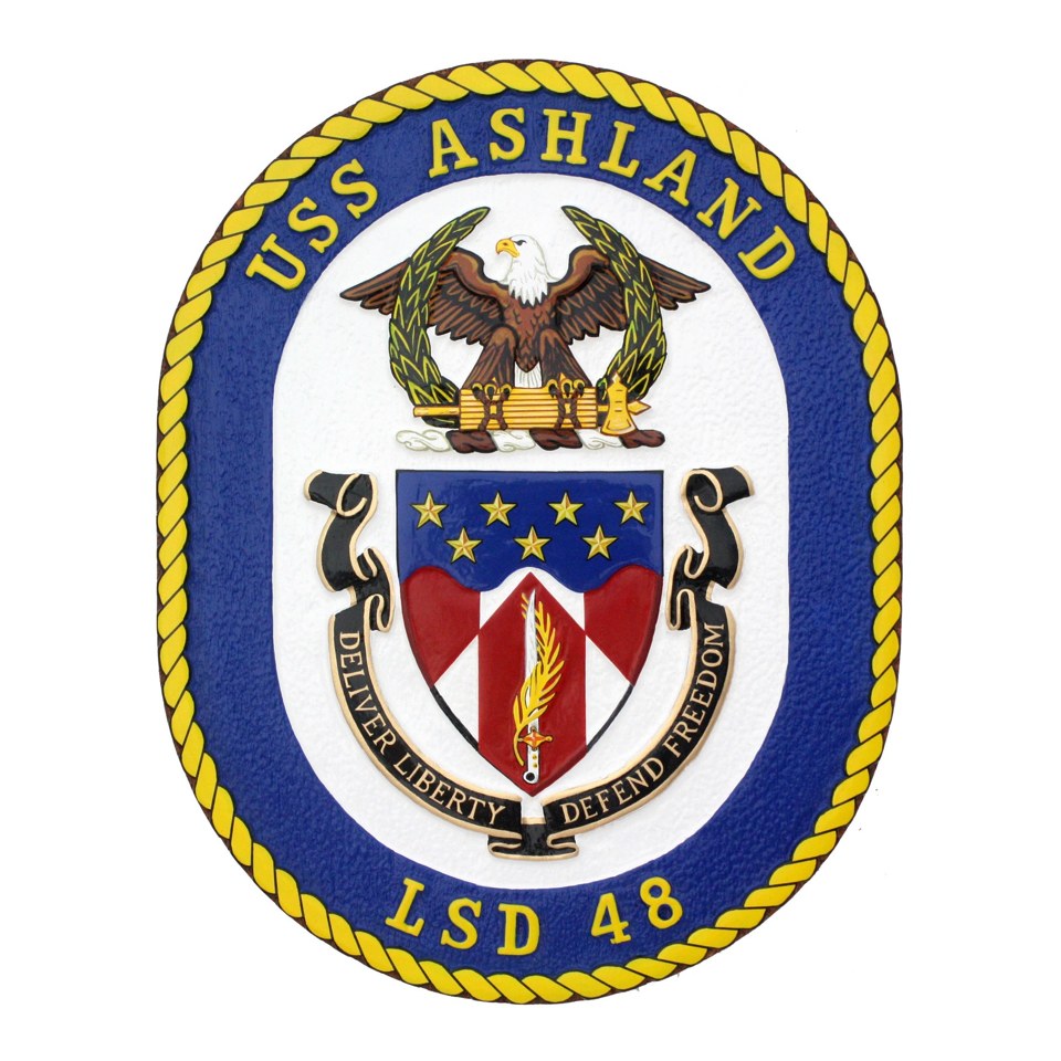 USS Ashland LSD-48 ship crest plaque with an eagle, central shield and gold rope border.